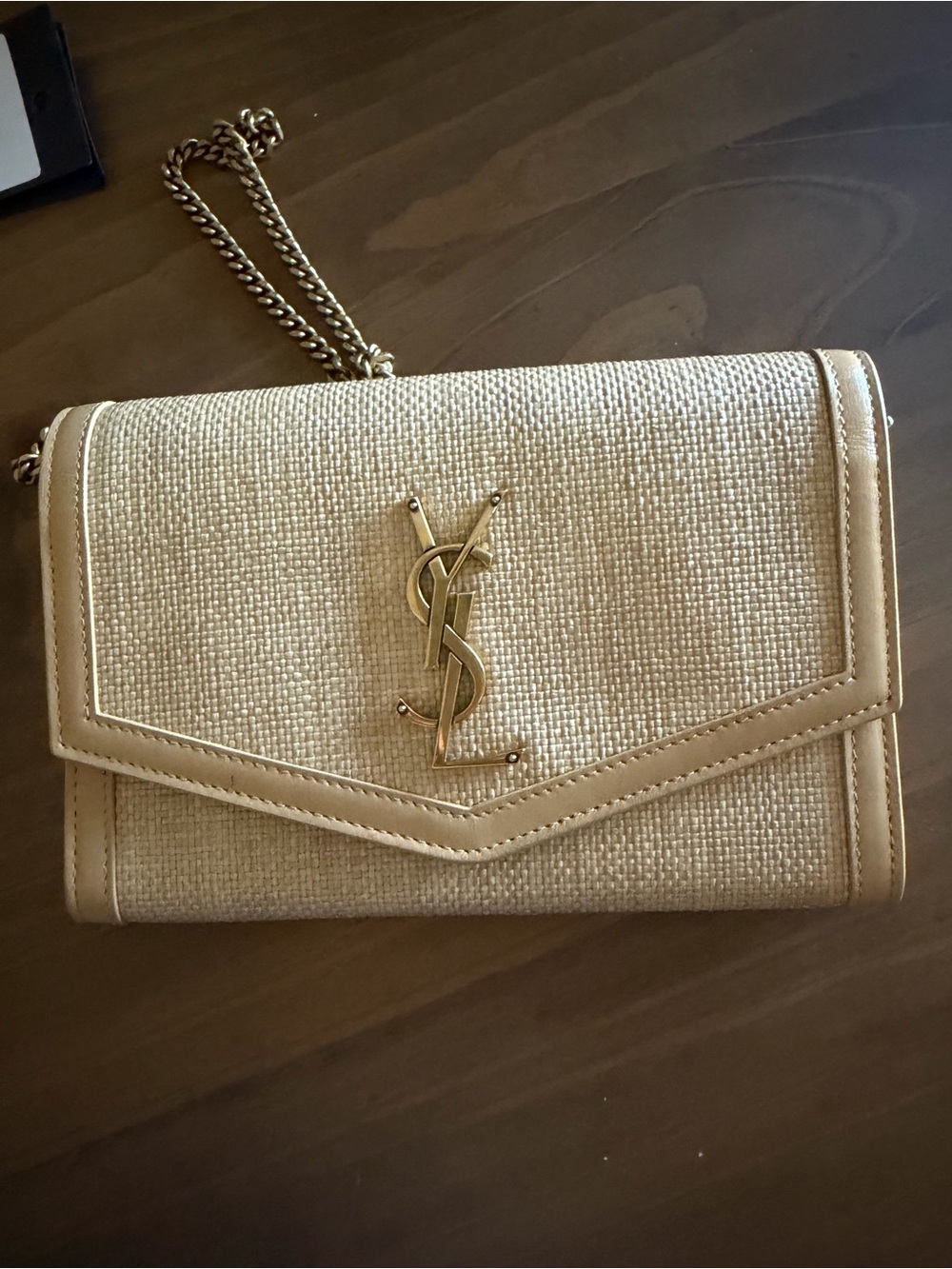 Saint Laurent Beige Raffia Monogram Crossbody with Gold Chain Strap w/ tag - Picture 3 of 5
